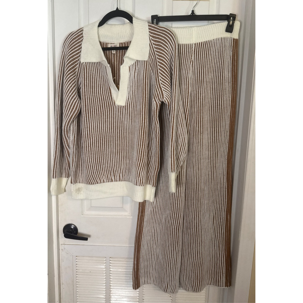Women's BiBi Brown & White Striped Sweater Set Size S - Picture 2 of 4